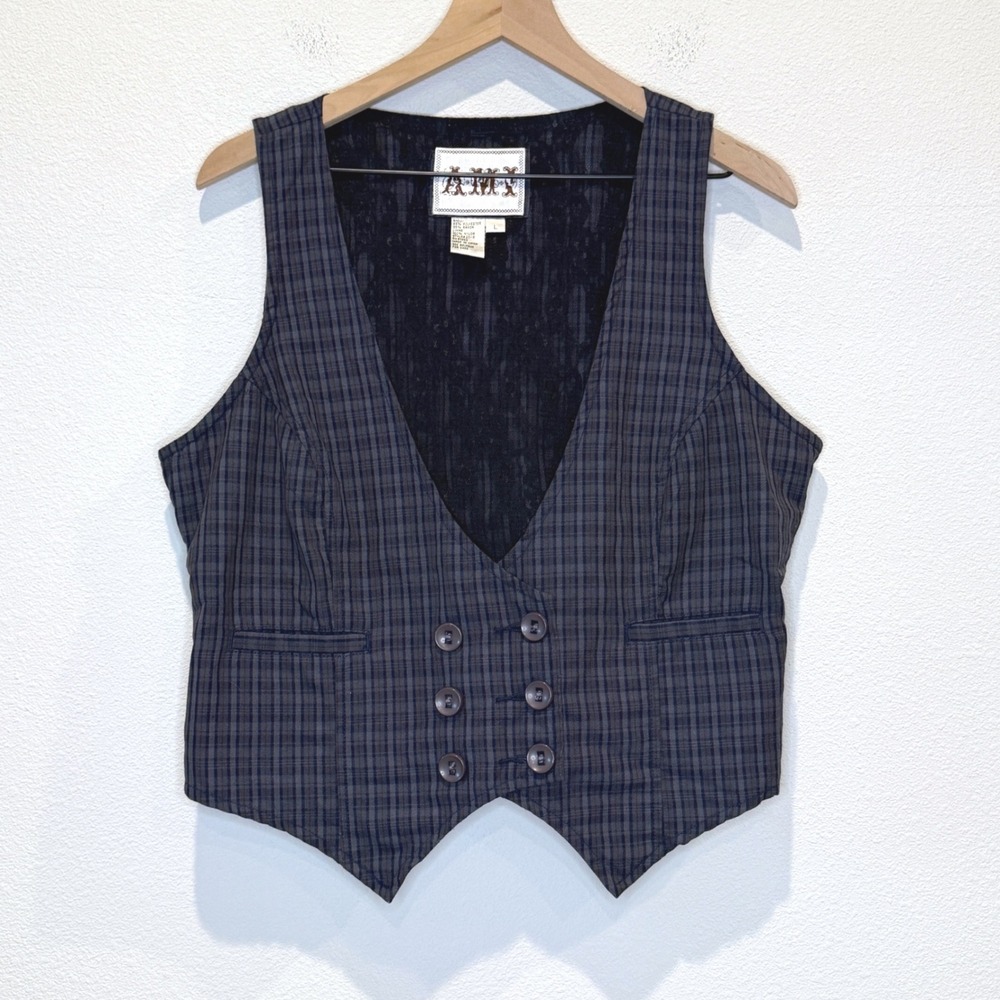 AMI Womens Plaid Double Breasted Lace Vest Size L Dark Academia Preppy Indie